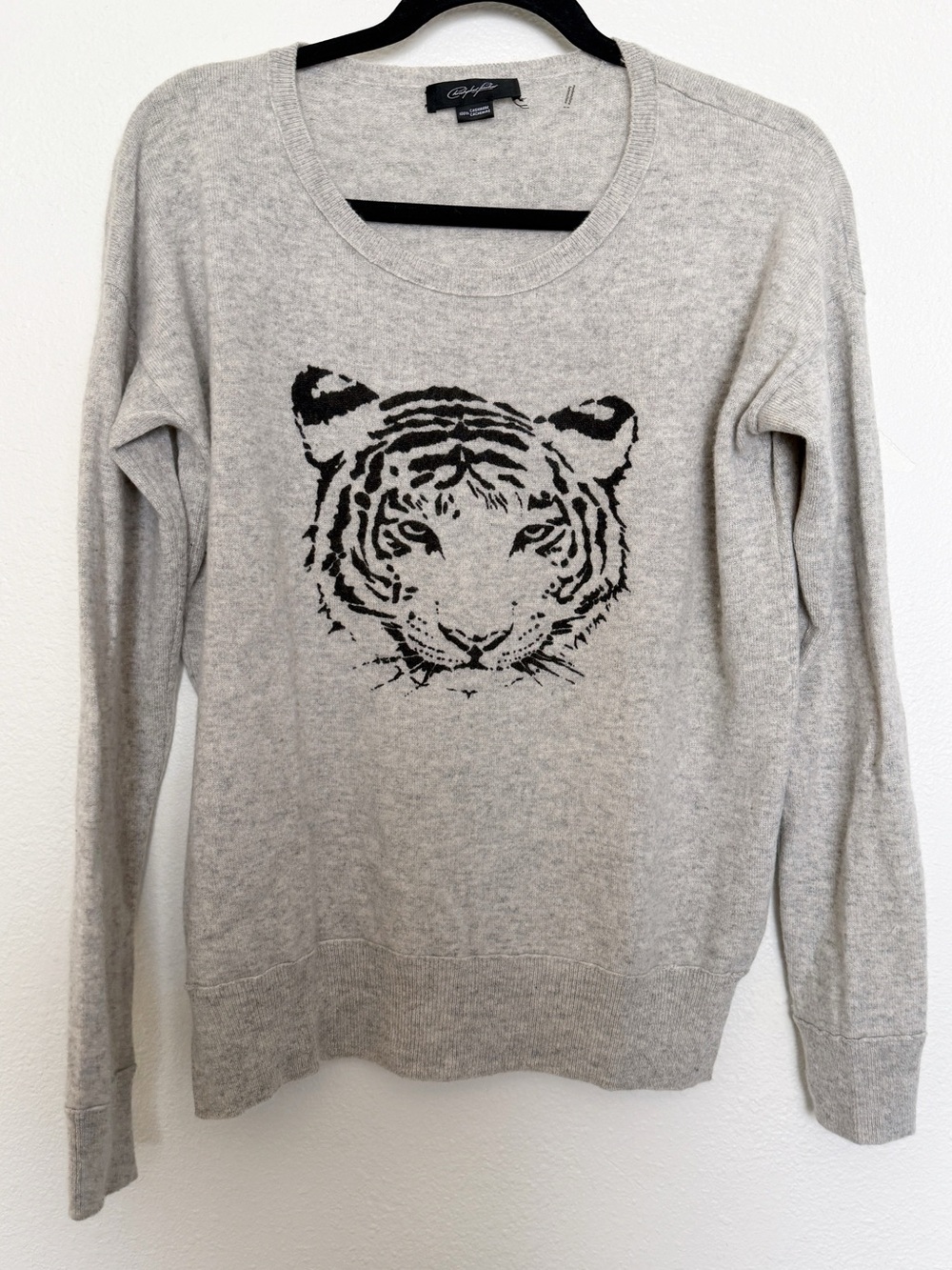 Christopher Fischer Tiger Graphic 100% Cashmere Sweater Gray Crewneck Knit
